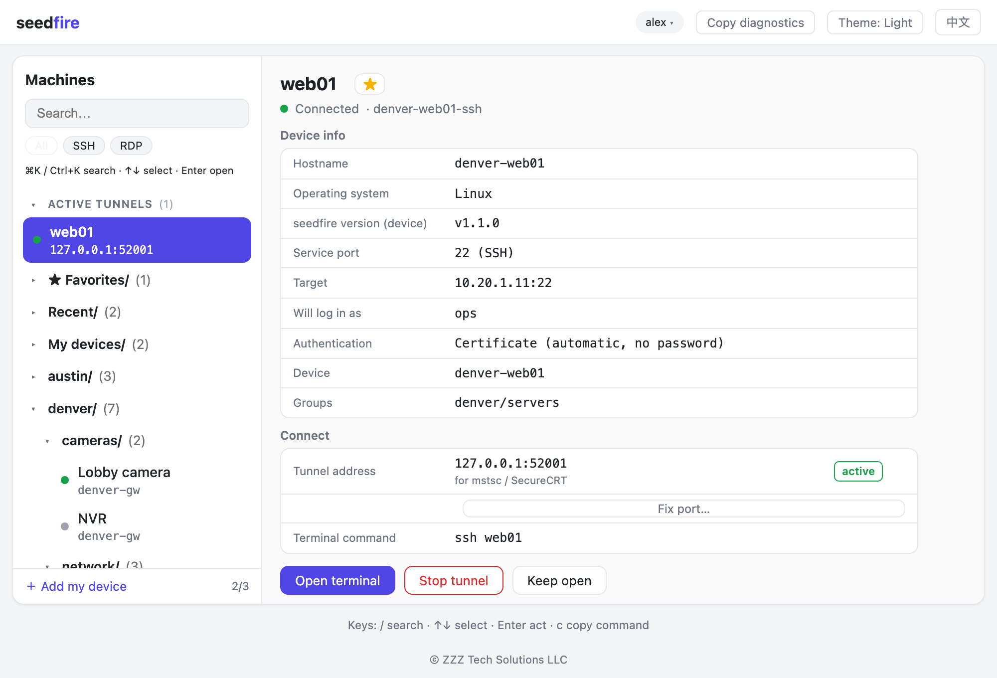 Seedfire desktop app — machines list and connection panel